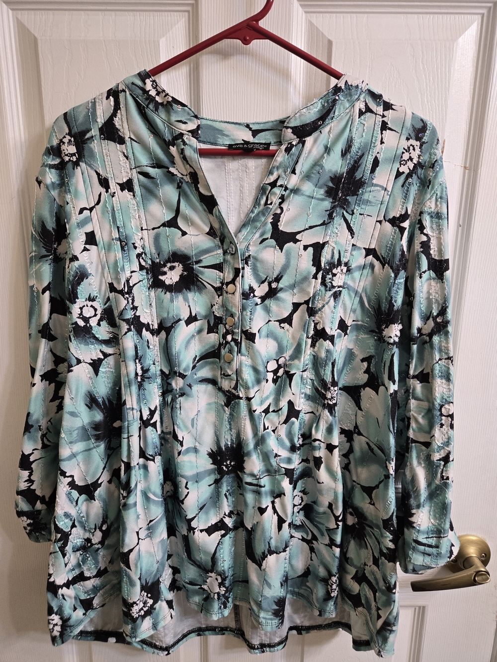 Ava & Grace Mint and Black Floral Pintuck V-Neck Blouse
